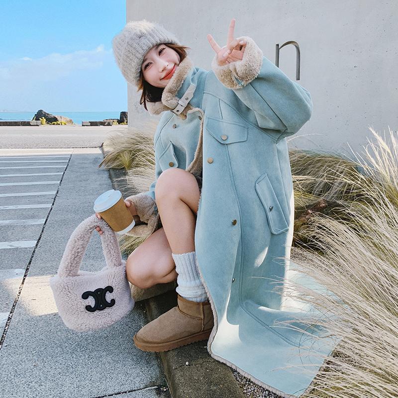 Blue-Green Long Fur Integrated Coat for Women, Autumn and Winter 2024 New Popular Thickened Lamb Wool Coat, Cotton-Padded Jacket