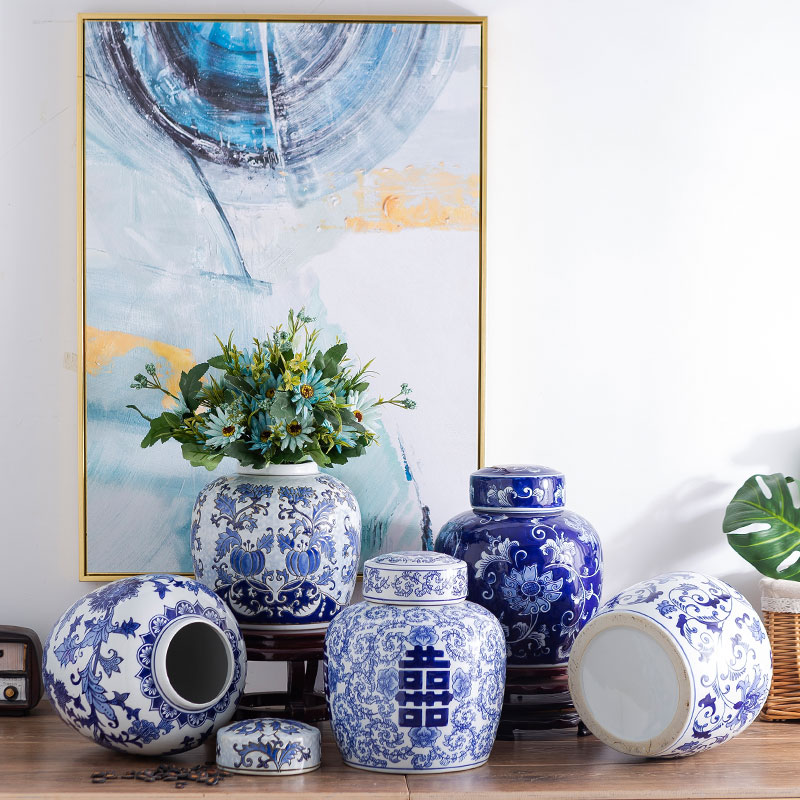 Jingdezhen blue and white porcelain vases, pottery and porcelain flowers grain dry flower household TV ark, sitting room adornment simulation flower arranging flowers