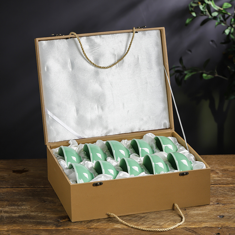 Shadow green ceramics engraving peony bowl of new Chinese style household rice bowls single box set ceramic bowl