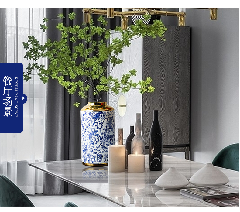 Light wind key-2 luxury gold - plated vase of blue and white porcelain ceramic vases, ceramic vase furnishing articles example room sitting room ceramic vase