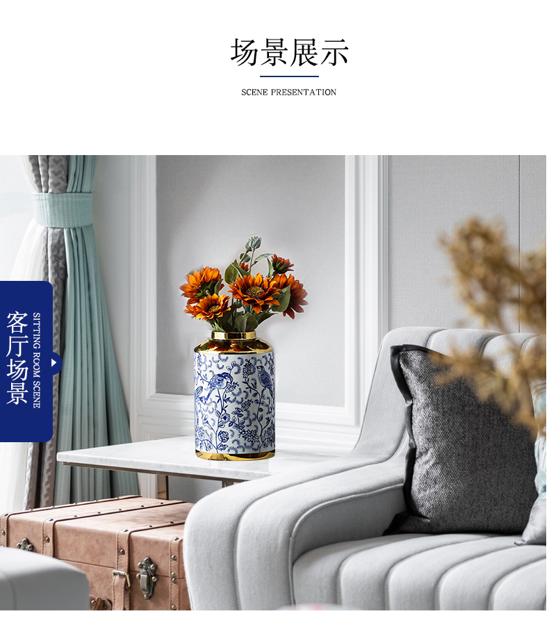 Light wind key-2 luxury gold - plated vase of blue and white porcelain ceramic vases, ceramic vase furnishing articles example room sitting room ceramic vase