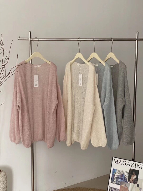 Loose and Casual Style Mohair Design Lantern Sleeve Knitted Cardigan for Women 2025 Early Autumn New Sweater Jacket