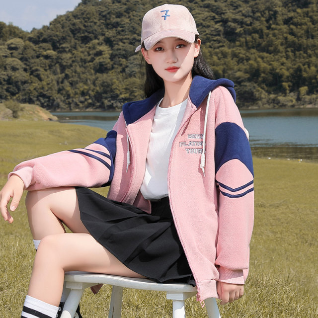 Girls' Lamb Plush Jacket 2023 Autumn New Student Hooded Sweatshirt Autumn Junior High School Loose Korean Style Western