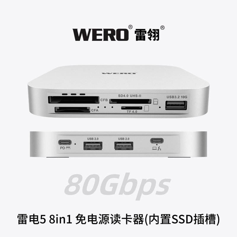 Wero Thunderbolt 5 Power-Free Cf-A/B/Tf/Sd 8in1 Card Reader Hard Drive Enclosure Docking Station Mini Base