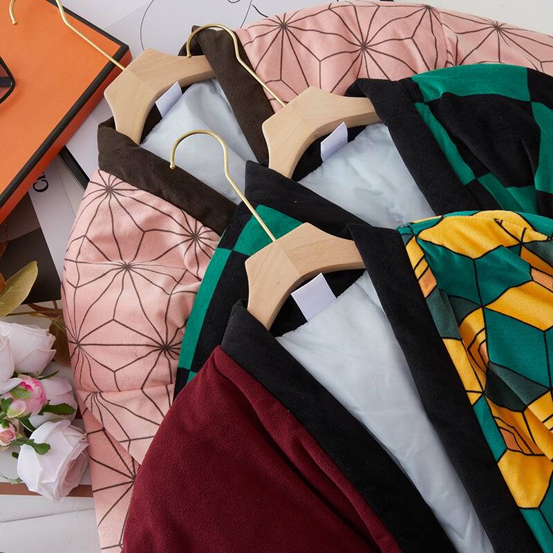  Japanese-Style Cartoon Anime Thickened Quilted Half-Wrap Loose Tie-Up Printed Open-Front Japanese-Style Pajama Top for Home Wear