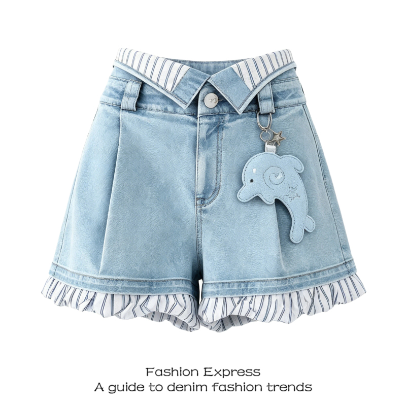 Nautical Style Denim Shorts for Women, Summer Fashion, Pleated Drape, High-End Slimming, Floral Stripe Patchwork Straight-Leg Pants Nautical Style Denim Shorts for Women, Summer Fashion, Pleated Drape, High-End Slimming, Floral Stripe Patchwork Straight-Leg Pants