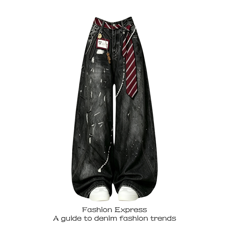 Street Style Retro Black Jeans for Women 2026 Autumn New Ripped Design Loose Slimming Wide-Leg Pants