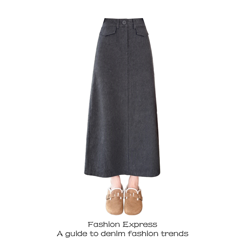 Gray Elegant and High-End Autumn and Winter Skirt for Women 2026 New Style Pear-Shaped Figure High-Waisted Slimming A-Line Long Skirt