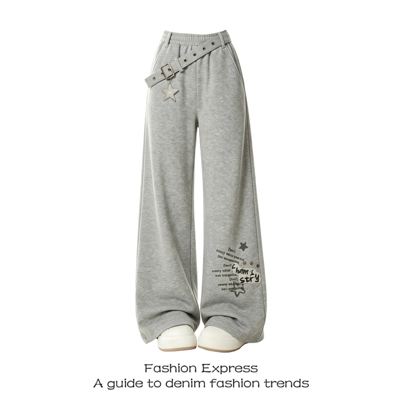 Korean-Style Gray Sweatpants for Women, 2026 Autumn New Model, Star Print Design, Casual Loose-Fitting Sports Pants