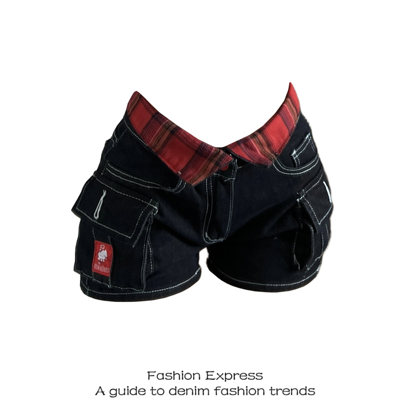 Trendy Denim Shorts for Women, Summer New Style, Blue and Red Plaid, High Street Design, Cat Embroidery, Hip-Hugging Hot Pants