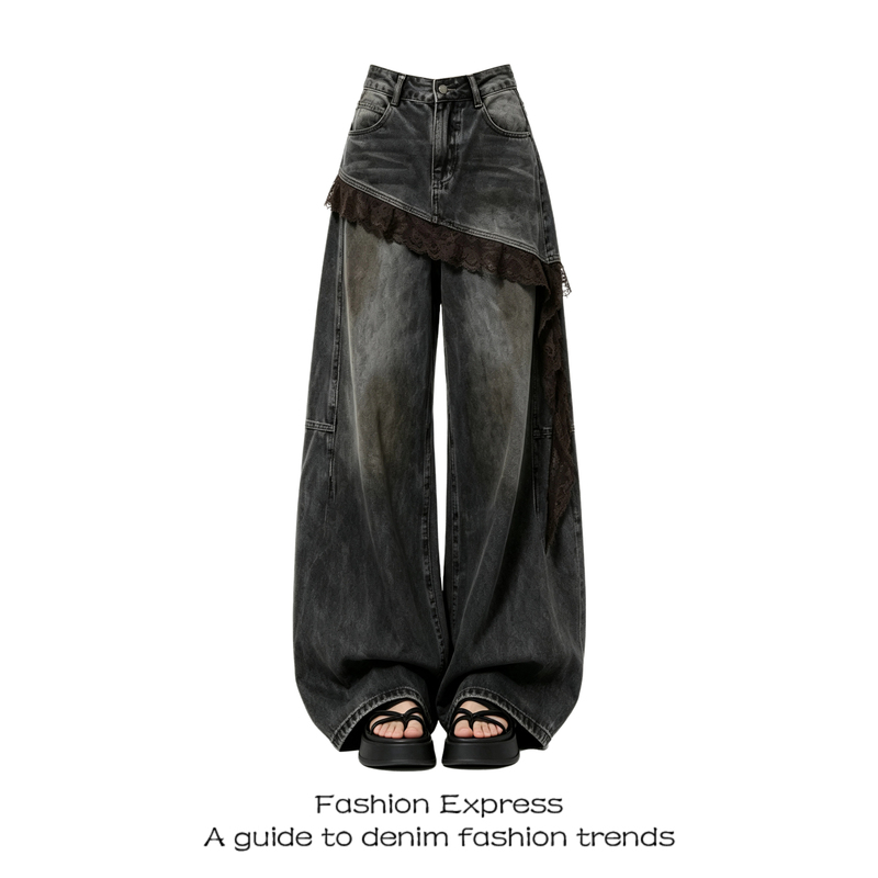 American Retro Patchwork Lace Hem Knife-Cut Women's Jeans, Autumn 2026 New Style, Faux Two-Piece Wide-Leg Pants American Retro Patchwork Lace Hem Knife-Cut Women's Jeans, Autumn 2026 New Style, Faux Two-Piece Wide-Leg Pants