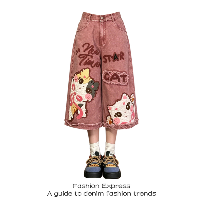 Very Stylish Women's Cropped Pants for Summer, American Retro Cartoon Embroidered Denim Trendy Loose Wide-Leg Casual Shorts
