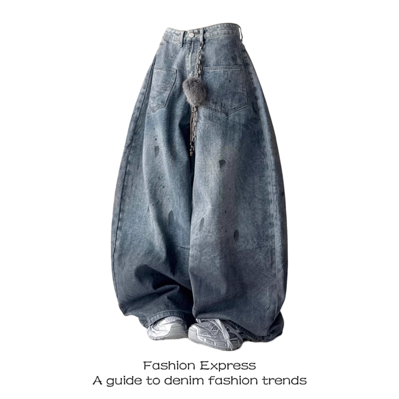 2025 Autumn/Winter New Women's Denim Scimitar Pants with Ink Splatter Wash, Distressed, Unique, Loose, Casual, Straight-Leg Pants