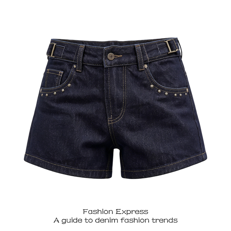 Rivet Denim Shorts for Women, New Summer Design, American Style, Adjustable Waist, Hot Girl Thin Straight-Leg Hot Pants Rivet Denim Shorts for Women, New Summer Design, American Style, Adjustable Waist, Hot Girl Thin Straight-Leg Hot Pants