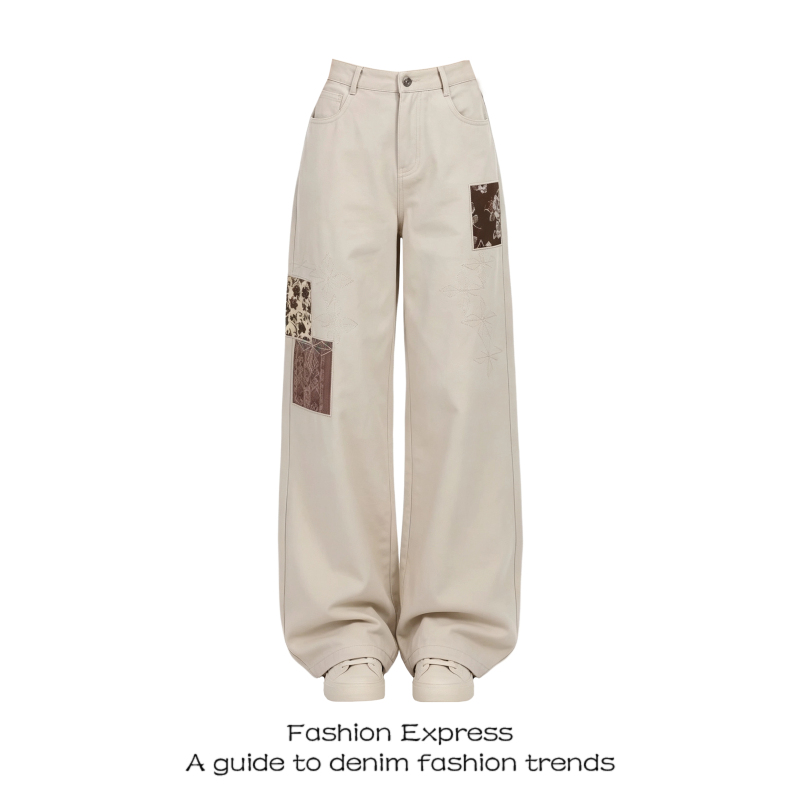 Khaki Color Waist-Cinching Straight-Leg Jeans for Women, New Autumn Style, Vintage Patchwork Embroidery, Washed, Drapey, Loose Wide-Leg Pants Khaki Color Waist-Cinching Straight-Leg Jeans for Women, New Autumn Style, Vintage Patchwork Embroidery, Washed, Drapey, Loose Wide-Leg Pants