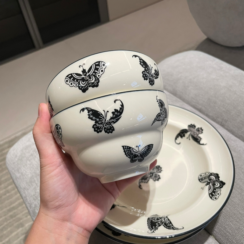 Butterfly Bowl and Plate Set, High-End Tableware for Home Use, Underglaze Color, High Aesthetic Value, Rice Bowl, Fish Plate, Practical Housewarming Gift, Family Set