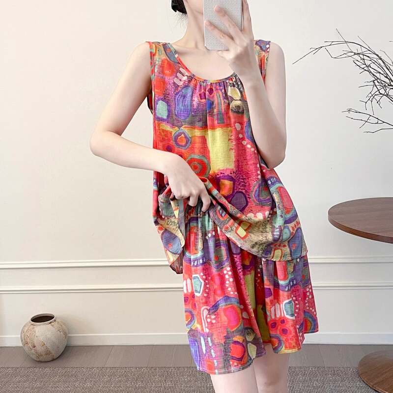 Cotton Silk Pajamas, Stylish and Figure-Flattering, Sleeveless Shorts, Thin and Cool Two-Piece Set, Artificial Cotton Loungewear, Plus Size