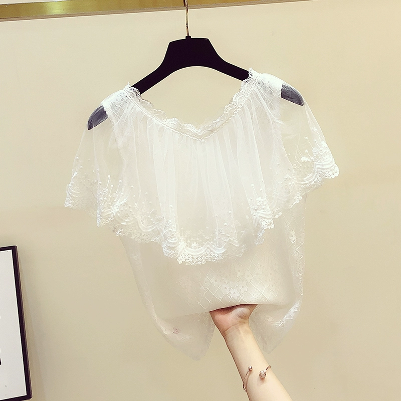 Phụ nữ mùa hè mới 2020 Hàn Quốc ngọt ngào lá sen ren áo sơ mi ren cổ v áo sơ mi nữ voan ngắn tay xu hướng - Áo sơ mi chiffon ren