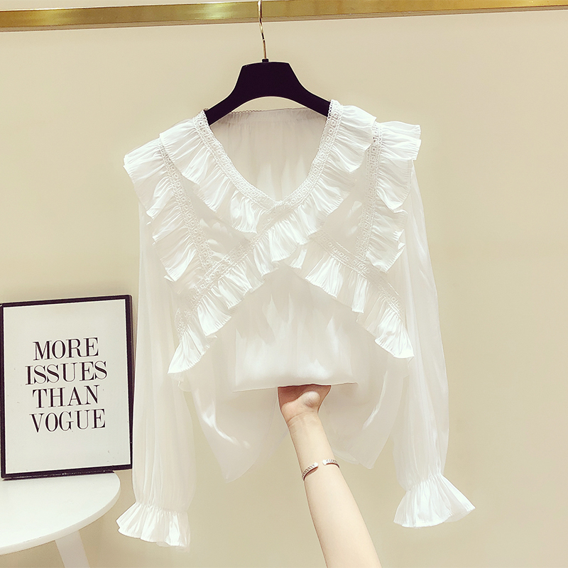 Early Spring New Sweet Ruffled Lace V-Neck Blouse Women's Long-Sleeved Stylish White Shirt Women's Autumn Wear