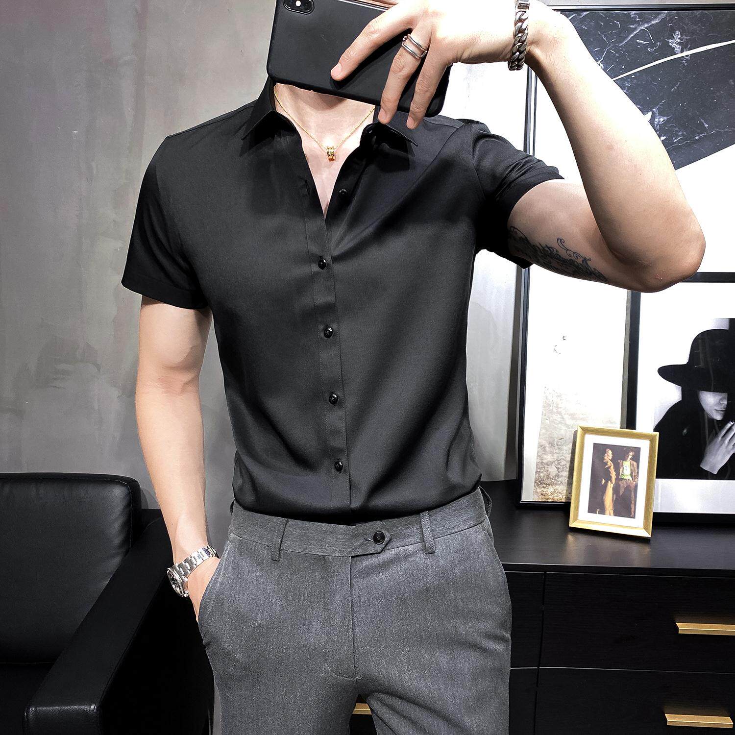 British men's summer casual shirt men's short-sleeved Korean version of the slim non-ironing cropped shirt half-sleeved business top