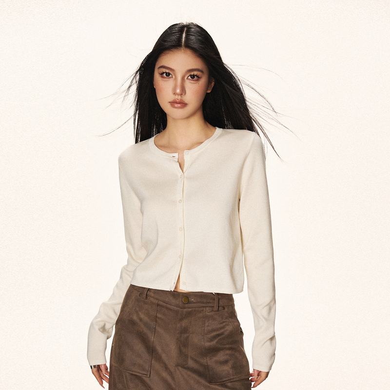 Cherry Melody American Retro Round Neck Short Knitted Cardigan Long-Sleeved Tencel Wool Sweater Jacket for Women