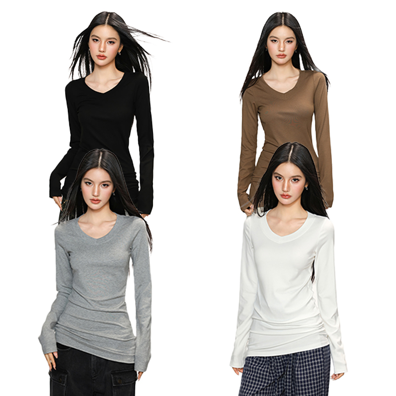 Cherry Melody American-Style V-Neck Base Shirt That Covers the Buttocks, Long-Sleeved T-Shirt for Women, Slim-Fitting Top