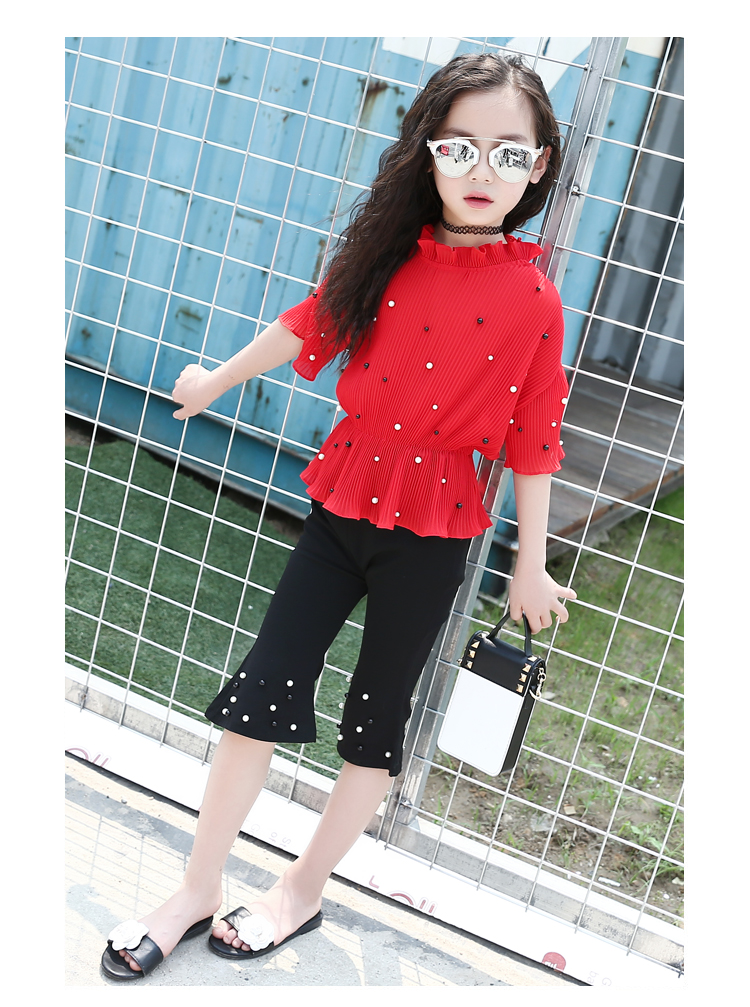 Cô gái mùa hè 2018 thời trang mới Hàn Quốc trẻ em voan ngắn tay áo hai dây quần short trẻ em lớn shop trẻ em