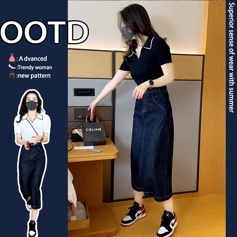 Summer Clothes 2026 New Style for Petite People, a Complete Set of Slightly Chubby-Friendly Slimming Tops Paired with a Denim Skirt Two-Piece Set