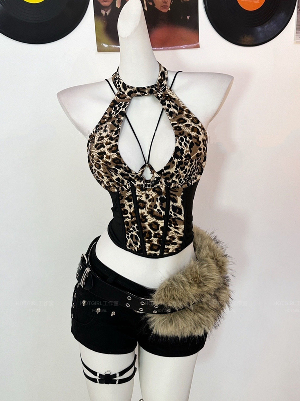 Hot Girl Vintage Y2K Spicy Girl Sexy Leopard Print Halter Neck Camisole Backless Waist-Cinching Short Tank Top