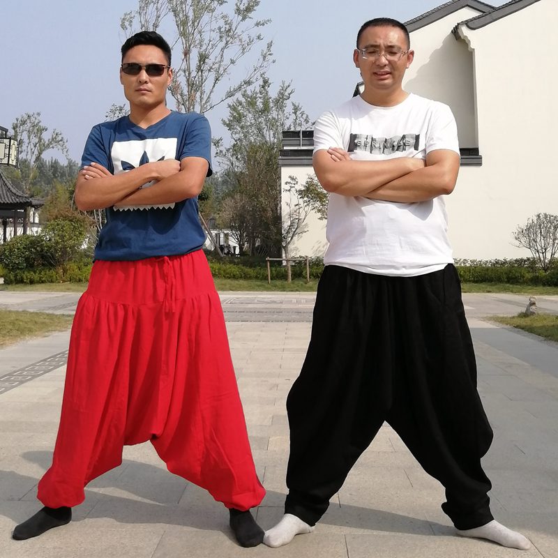 Chinese style spring and Autumn linen thick Nepal down pants Men's Hanfu Harun low crotch down pants Loose flying mouse crotchless pants