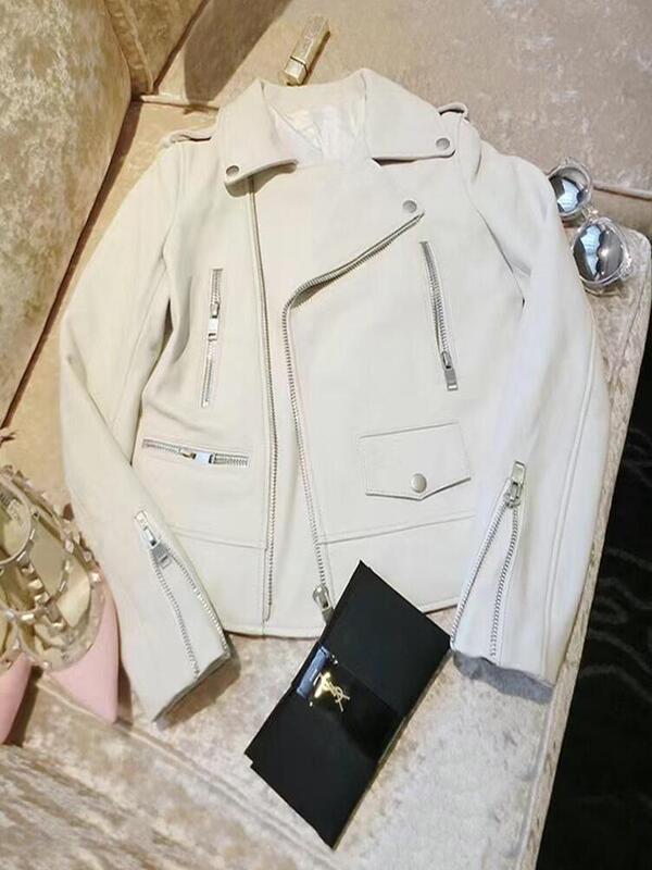 Women's Leather Jacket 2025 Haining New Spring and Autumn Slim Short Lapel Fitted Biker Korean Style Long-Sleeve Trendy Jacket Coat