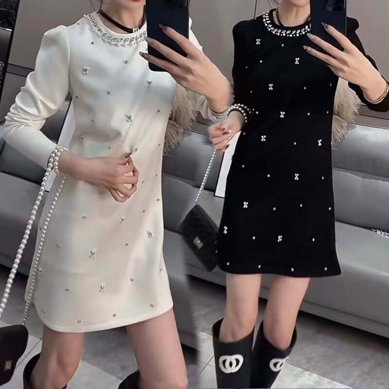 Early Spring Elegant Beaded Dress for Women, Long-Sleeved, Round Neck, Slimming, Flattering, Pearl-Decorated Base Dress