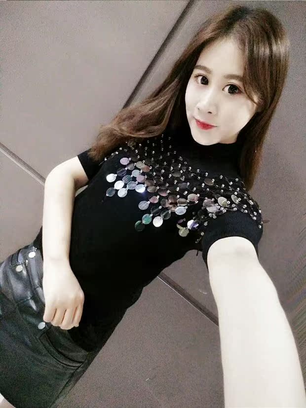 Mùa thu đông 2017 áo len mới của phụ nữ phiên bản ngắn tay Hàn Quốc của chiếc áo sơ mi tự cao nửa cổ áo màu xanh lá cây áo sơ mi sequin áo len nữ form rộng
