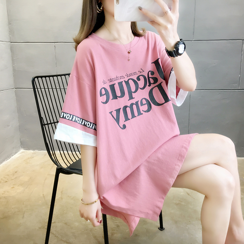 Pregnant woman short sleeve T-shirt female loose medium long version short summer half sleeve spring summer hit bottom blouse Korean version summer dress Chauma
