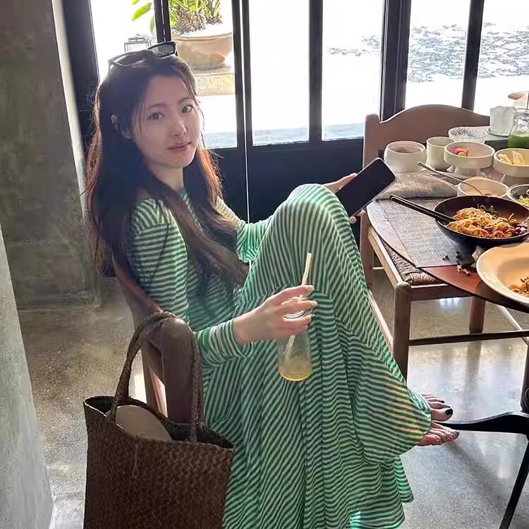 Grove Forever Korean Style Niche Stripesd Backless Long-Sleeved Dress Spring & Fall New Style Slim Long Skirt Grove Forever Korean Style Niche Stripesd Backless Long-Sleeved Dress Spring & Fall New Style Slim Long Skirt