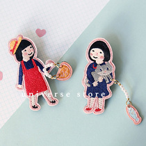 upick * BOB head girl paper embroidery brooch holding cat shopping Cloud Umbrella with pearl bead cartoon pin
