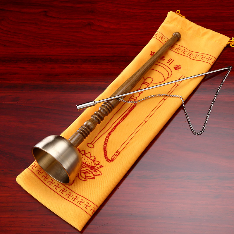 Buddhist supplies Daquan household pure copper solid wood long handle lead chime temple sandalwood handle lead Qing copper exhaust craft gift decoration