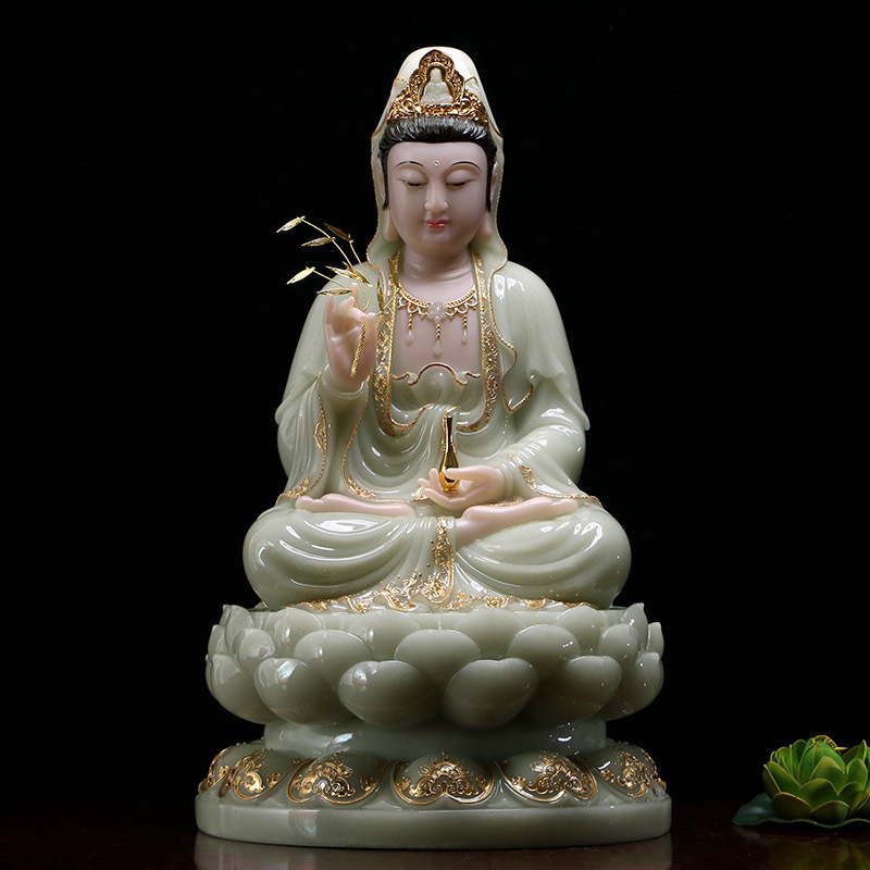 Baocheng Buddha stone carving white marble Guanyin Buddha statue living room for Buddha ornaments Jade gold inlaid jade Guanyin Buddha statue