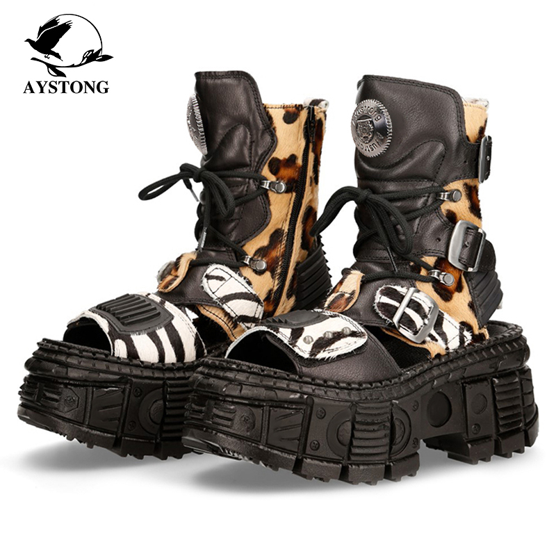 Retro Thick-Soled Sandals for Women, New Summer Leopard Print Roman Shoes, Punk Metal Rock Height-Increasing Street Sandals for Men and Women