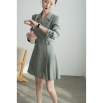 Hard goods imported acetic acid JPOO Janpu three-dimensional cutting square buckle pleated waist suit dress women Autumn