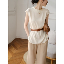 Jane Pus atmosphere has a high sense of extravagant satin luster silk lace-up solid color chopping sleeve T-shirt woman