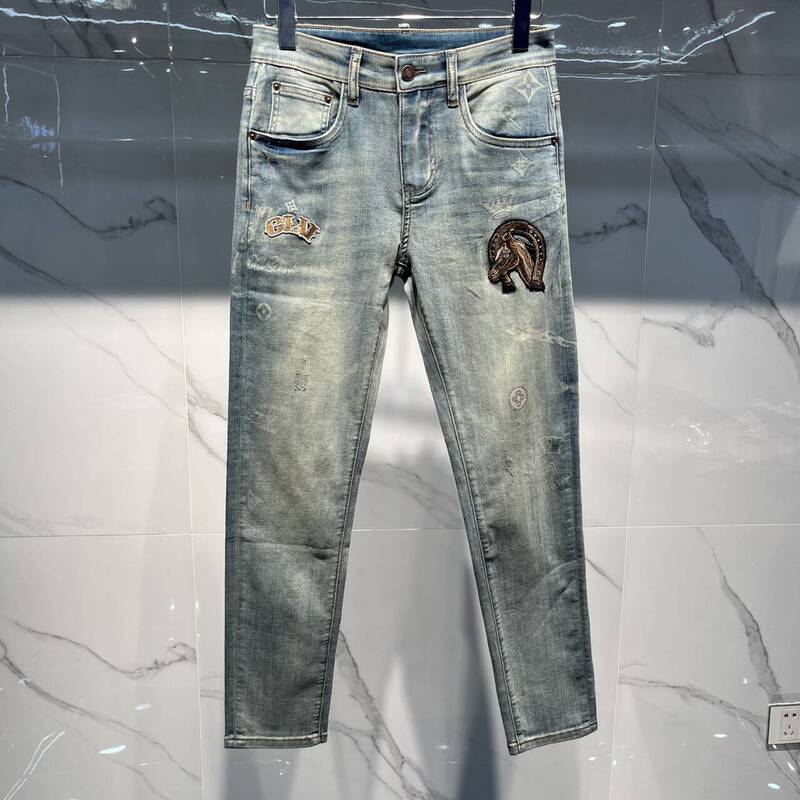 European Summer Men's Slim-Fit Trendy Fashion Embroidered Horse Head Stretch Thin Casual Jeans