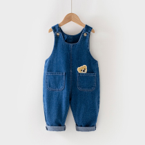 Next Kiss baby denim suspenders for spring and autumn boys and girls fashionable bear street casual baby trousers