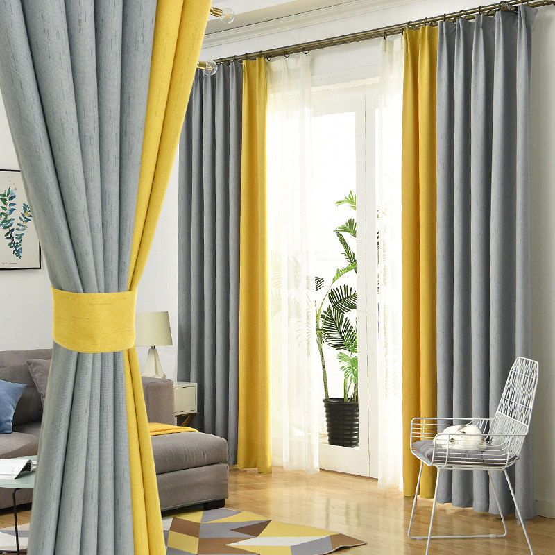 Nordic window curtain finished products minimally modern living room bedroom 2019 new pure color cotton splicing custom covering