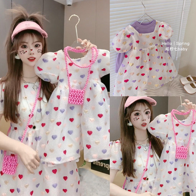 Girl Loving Princess Nepotism Dress Bubble Sleeves Parent-child Foreign Pie Fluffy Dresses Seaside Gown Birthday Children