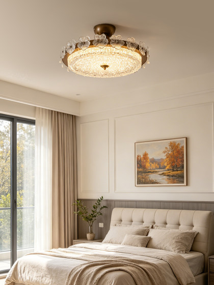 French-Style Bedroom Ceiling Light with a Vintage Feel, High-End Floral Glass Room Lamp, Retro Round Eye-Protection Main Bedroom Lighting