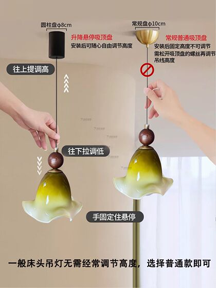 Vintage Cream-Style Bedside Glass Pendant Light, Dark Green Retro South Asian Style Bedroom Pendant Light, Bar Counter Entrance Light