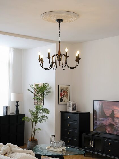 American-Style Retro Solid Wood Living Room Candle Chandelier, Main Light for the Hall, French-Style Mid-Century Villa, Dining Room, Bedroom Lighting Fixtures