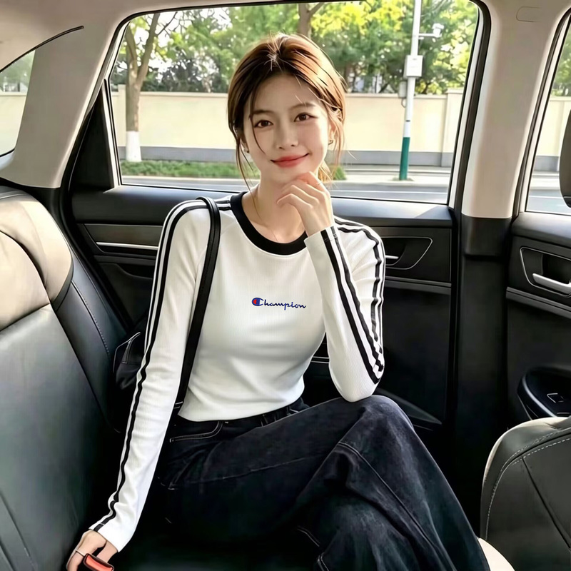 Japanese Style Champion White Three-Stripe Long-Sleeve T-Shirt for Women, Slim Fit, 2026 New Spring and Autumn Outerwear, Fashionable Base Shirt, Trendy Japanese Style Champion White Three-Stripe Long-Sleeve T-Shirt for Women, Slim Fit, 2026 New Spring and Autumn Outerwear, Fashionable Base Shirt, Trendy