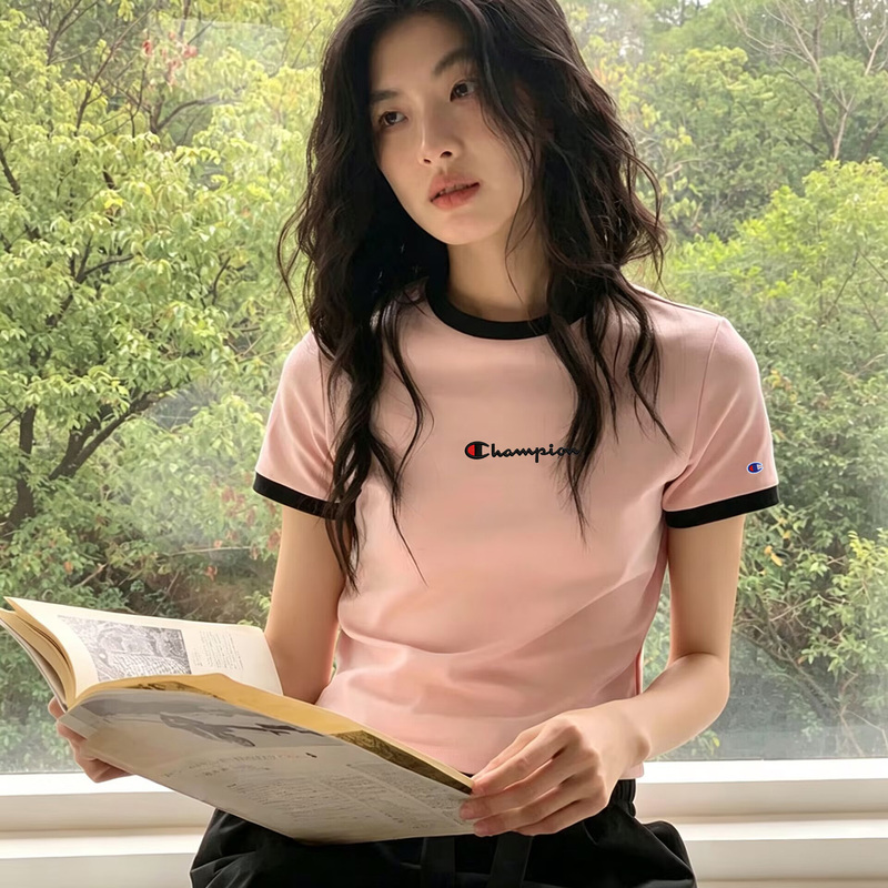 Japanese Trendy Brand Champion Embroidered Pink Short-Sleeve T-Shirt for Women 2026 New Slim-Fit Slimming Age-Reducing Regular Shoulder Top ins
